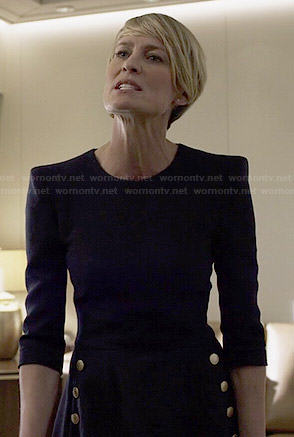 Claire's navy flared dress with gold buttons on House of Cards