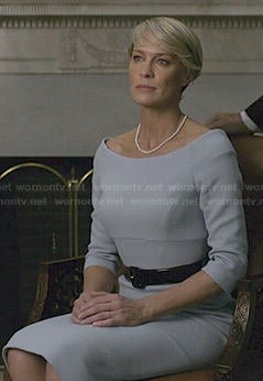 Claire's sky blue wide neck dress on House of Cards