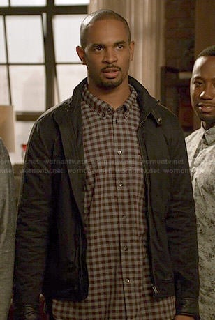 Coach's gingham checked shirt and black leather trimmed jacket on New Girl
