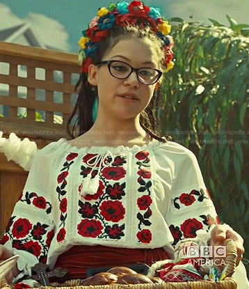 Cosima's white and red floral vyshyvanka on Orphan Black