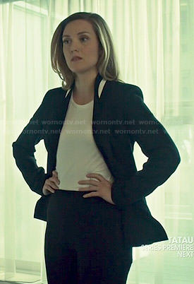 Delphine's black blazer with white trim on Orphan Black