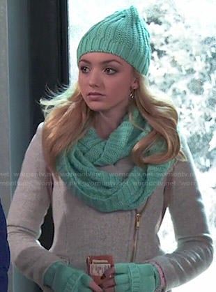 Emma's grey zipped coat and turquoise gloves, scarf and beanie on Jessie