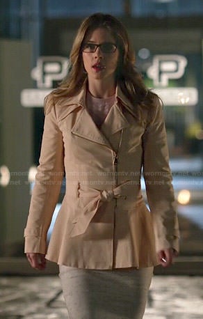 Felicity's peach peplum zip front coat on Arrow
