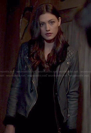 Haley's black leather moto jacket on The Originals