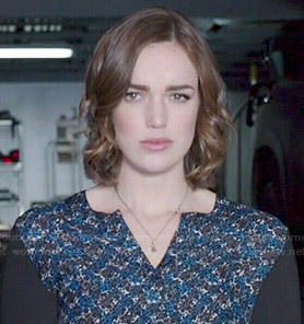 Jemma's blue printed blouse with black sleeves on Agents Of SHIELD