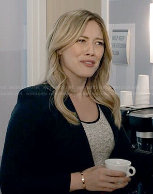 Kelsey's grey top with black trim and black blazer on Younger