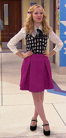 Liv's perfume print top and pink pleated skirt on Liv and Maddie