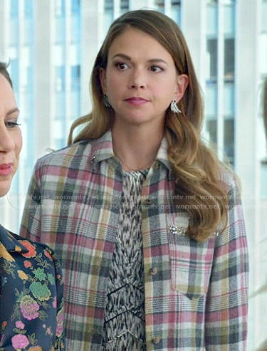 Liza's black and white printed dress and plaid shirt with embellishments on Younger