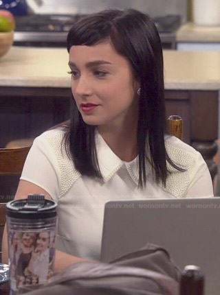Mandy's white pearl embellished collared top on Last Man Standing