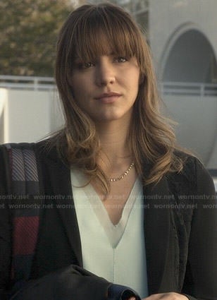 Paige's mint green v-neck layered top and black lace-back jacket on Scorpion