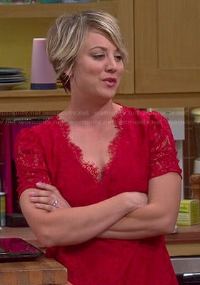 Penny's red lace v-neck top on The Big Bang Theory