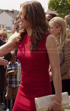 Queen Helena's red lace waist dress on The Royals