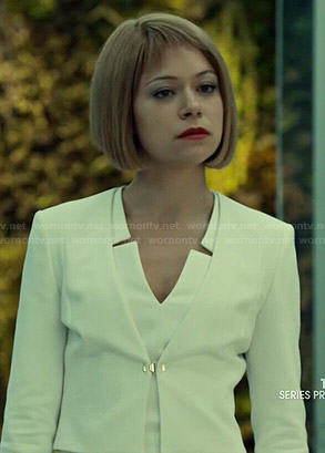 Sarah (dressed as Rachel)'s white v-neck dress and jacket on Orphan Black