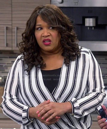 Yolanda's vertical striped wrap blouse on Young and Hungry