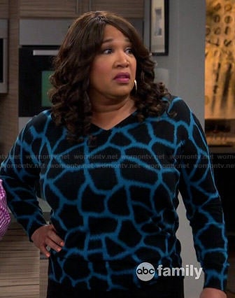 Yolanda's blue giraffe print sweater on Young and Hungry