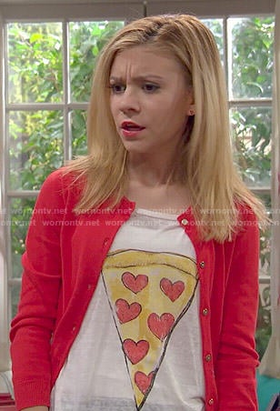 Avery's pizza print tee and red cardigan on Dog with a Blog