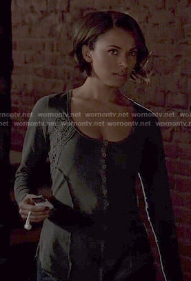 Bonnie's black crochet-inset henley tee on The Vampire Diaries