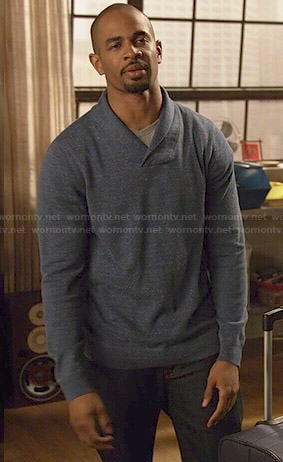 Coach's blue shawl collar sweater on New Girl