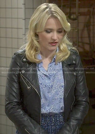 Gabi's blue floral top and tweed skirt on Young and Hungry