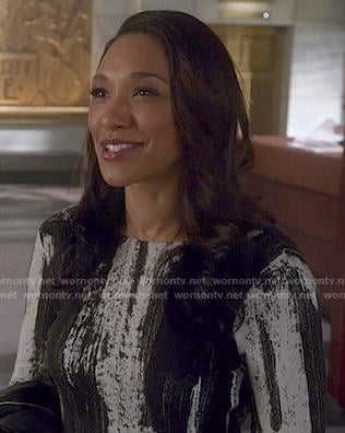 Iris's black and white painted print long sleeve dress on The Flash