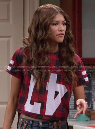 KC's red checked upside down 47 top on KC Undercover