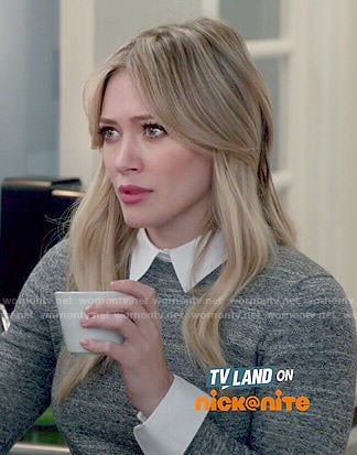 Kelsey's grey sweater with white collar on Younger