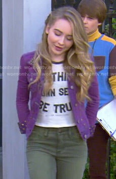Maya's To Thine Own Self Be True top and purple studded denim jacket on Girl Meets World
