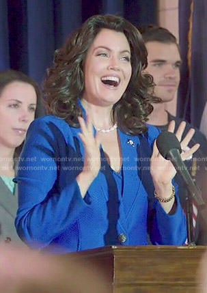 Mellie's cobalt blue dress and jacket set on Scandal