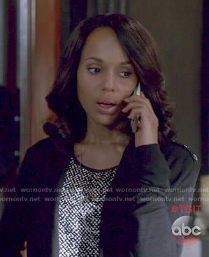Olivia's black and white printed top and black cardigan on Scandal