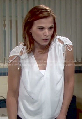 Phyllis's white drawstring shoulder top on The Young and the Restless