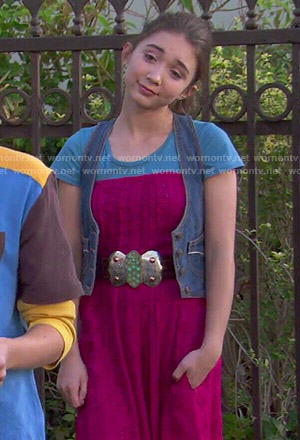 Riley's red strapless jumpsuit, blue tee and denim vest on Girl Meets World