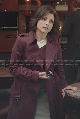 Selina's colorblock dress and burgundy trench coat on Veep