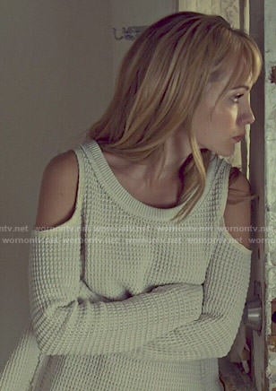 Shay's white textured cold-shoulder sweater on Orphan Black