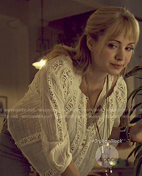 Shay's white crochet trim top on Orphan Black