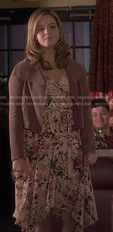 Ali's floral wrap dress and wide collar jacket on Pretty Little Liars