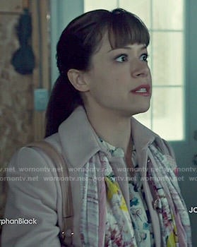 Alison's printed blouse and pink peplum jacket on Orphan Black