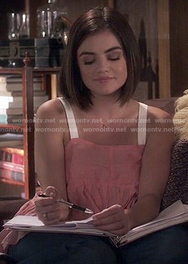 Aria's coral peplum tank top on Pretty Little Liars