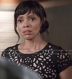 Camille's black lasercut dress on Bones