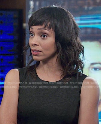 Camille's grey dress with mesh panels on Bones