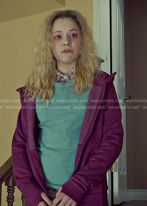 Helena's floral shirt, blue knit shell and magenta jacket on Orphan Black