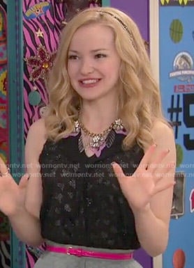 Liv's black glitter hearts top and grey pleated skirt on Liv and Maddie