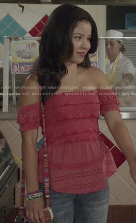 Mariana's pink ruffled off-shoulder top on The Fosters