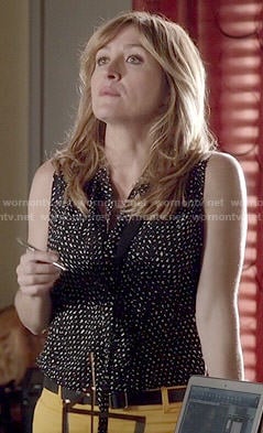 Maura's black and white printed neck-tie blouse on Rizzoli and Isles