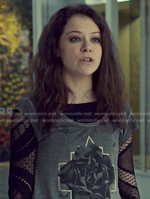 Sarah's flower/rose graphic tee and mesh top on Orphan Black
