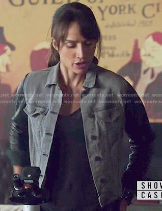 Tess's grey denim jacket with leather sleeves on Beauty and the Beast