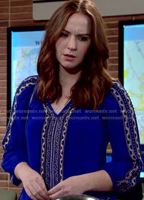 Mariah's blue embroidered blouse on The Young and the Restless