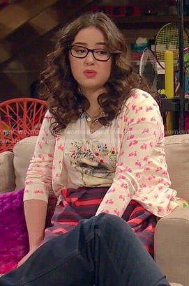 Delia's pug tee, bicycle print cardigan and striped skirt on I Didn't Do It