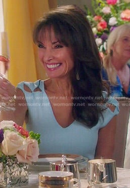Genevieve's blue dress with cutout shoulders on Devious Maids