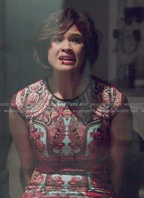 Heather's patterned dress on Beauty and the Beast