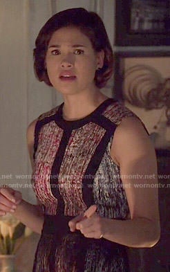 Heather's pink panelled dress on Beauty and the Beast